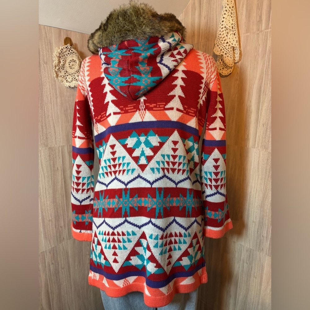 Valleygirl Red Peach Turquoise White and Brown Knit Coat with Faux Fur Hood - Picture 2 of 7